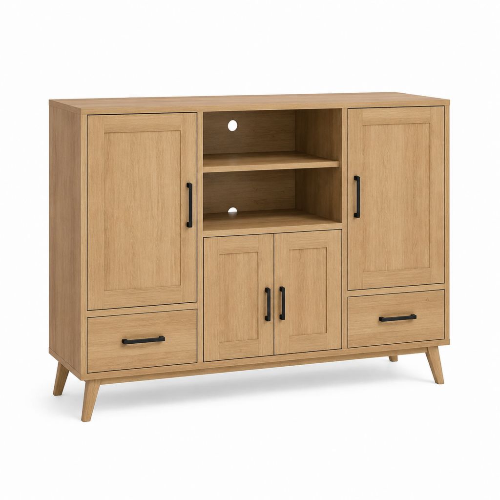 Credenza rettangolare in legno effetto rovere naturale e nero, 4 ante, 2 cassetti e 2 ripiani, 140 x 40 x 110 cm