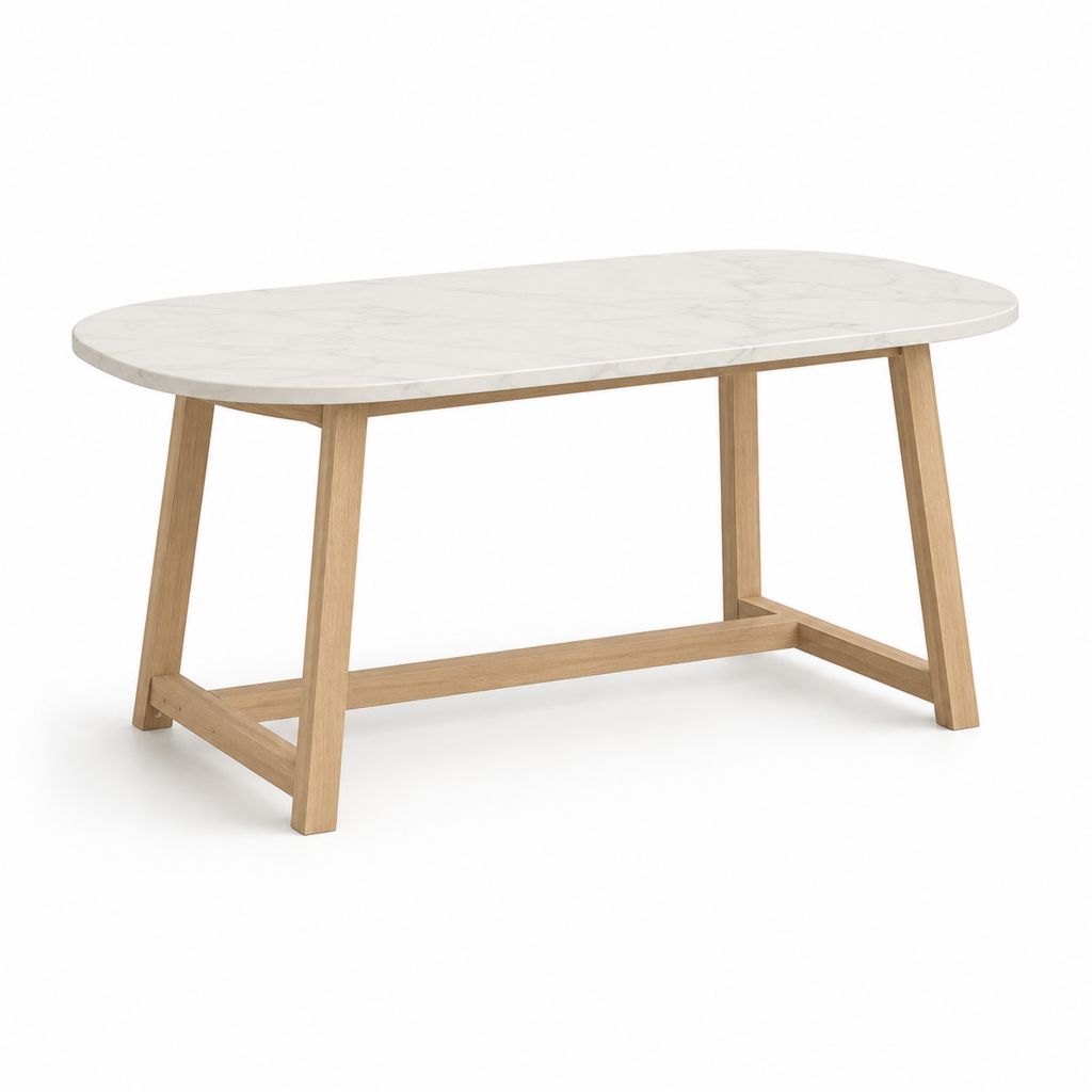 Tavolo da pranzo rettangolare in MDF laminato e legno massello, bianco effetto marmo e rovere naturale, 160 ¡Á 90 ¡Á 75 cm
