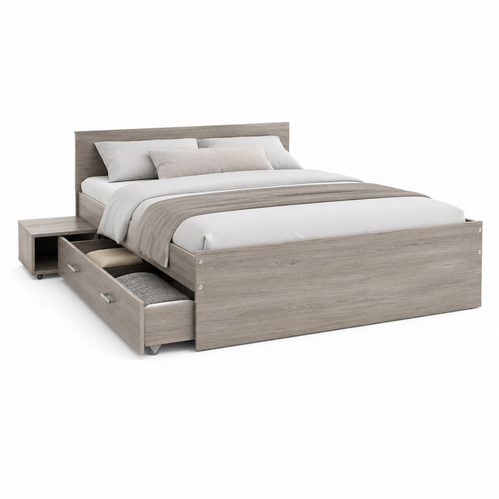 Letto matrimoniale 160 x 200 cm in truciolare melaminico rovere grigio con cassetto contenitore e comodino estraibile