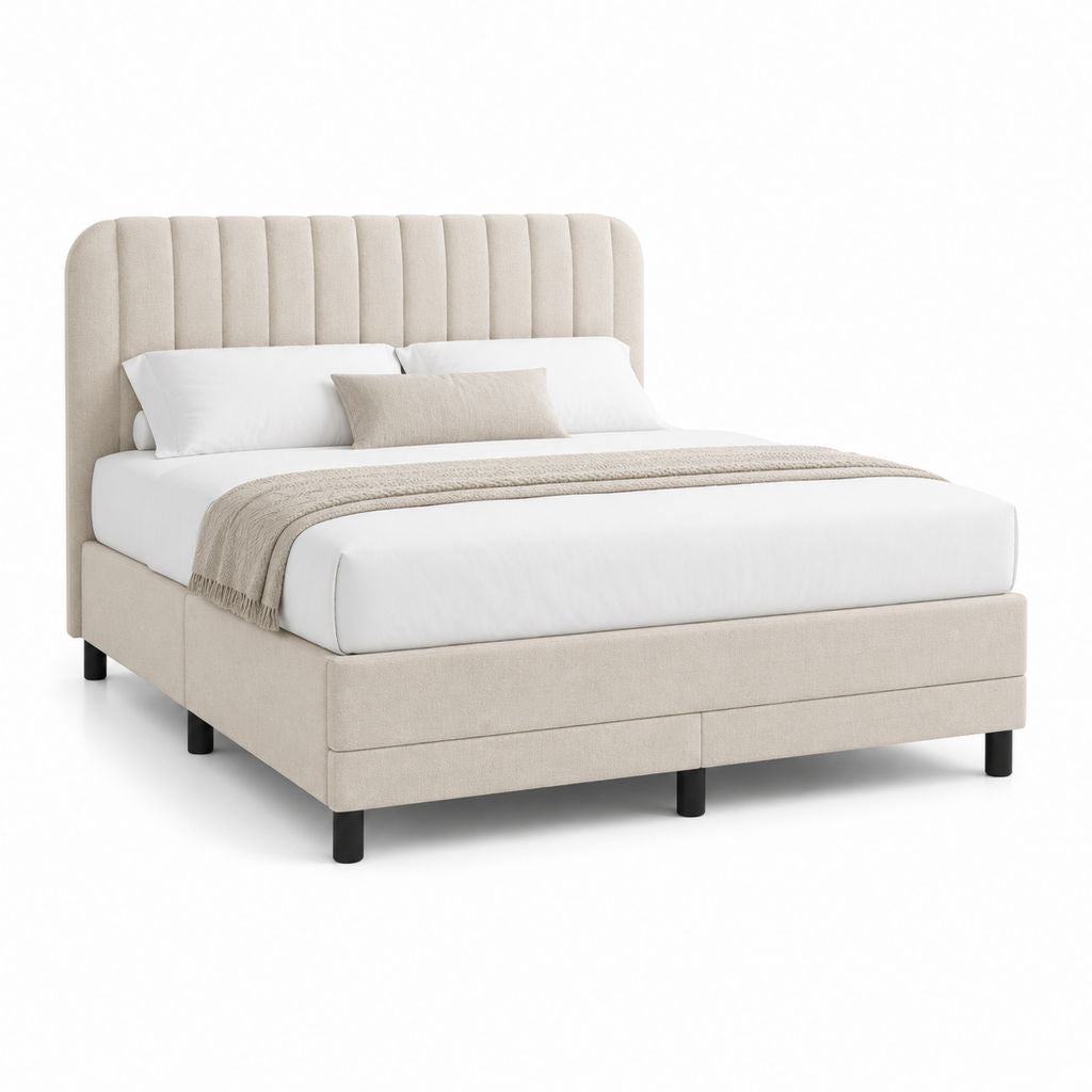 Letto matrimoniale imbottito 160 x 200 cm in poliestere effetto lino beige con testiera scanalata e rete a doghe