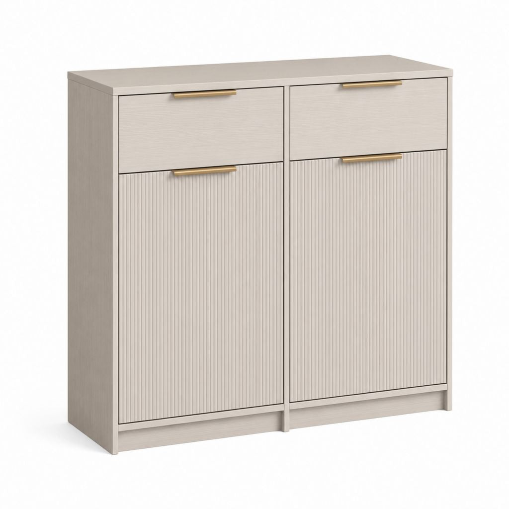 Credenza alta beige e oro in MDF e legno con 2 cassetti e 2 ante, 120 x 40 x 110 cm