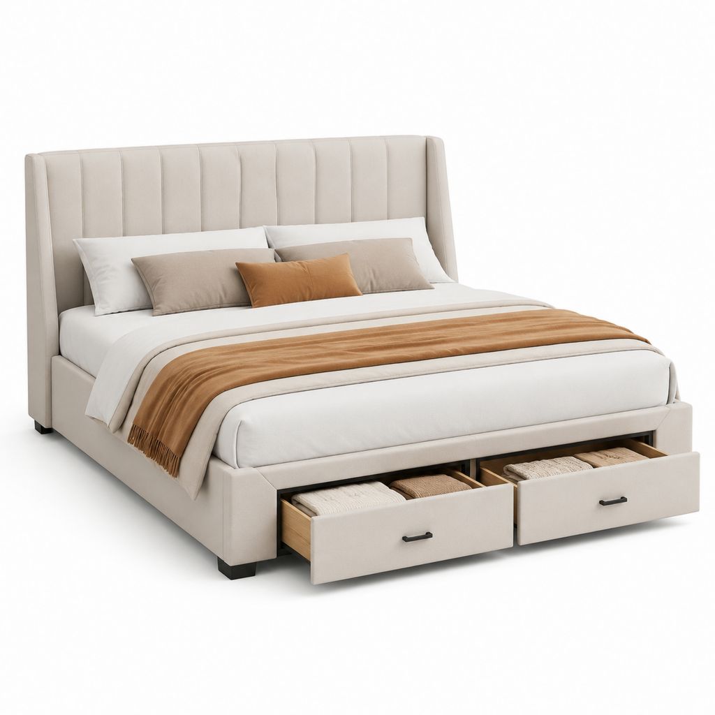 Letto matrimoniale imbottito beige 160 x 200 cm con rete a doghe e 2 cassetti contenitore