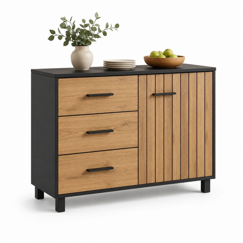Credenza buffet rettangolare in truciolare melaminico effetto rovere naturale e nero con 3 cassetti e 1 anta, 120 ¡Á 40 ¡Á 85 cm