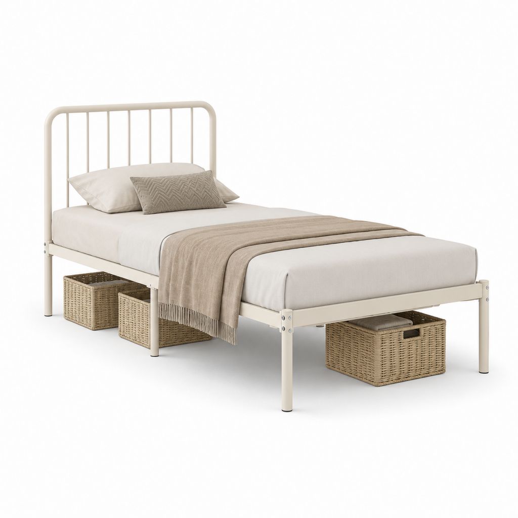 Letto singolo in acciaio avorio con rete e testiera, materasso 90 x 200 cm, dimensioni 207 x 96 x 105 cm