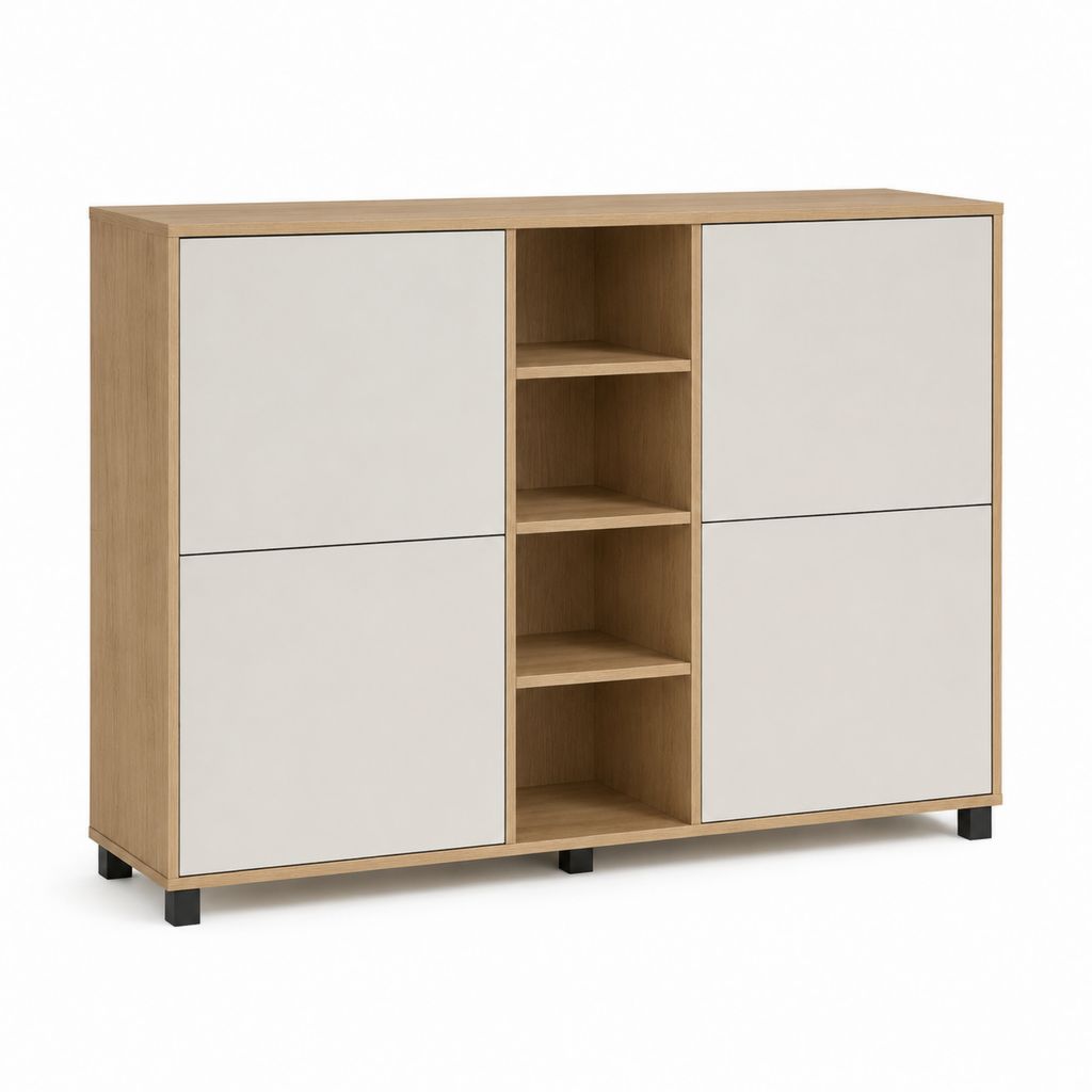 Credenza contenitore rettangolare in truciolare melaminico con 4 ante e 4 vani, rovere naturale e beige, 140 x 40 x 100 cm