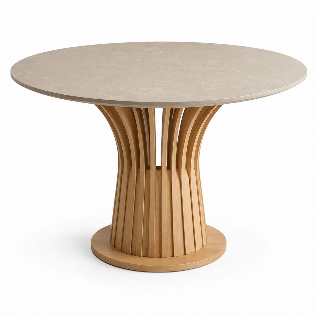 Tavolo rotondo in MDF effetto pietra e legno impiallacciato, beige e rovere naturale, ?120 x 75 cm