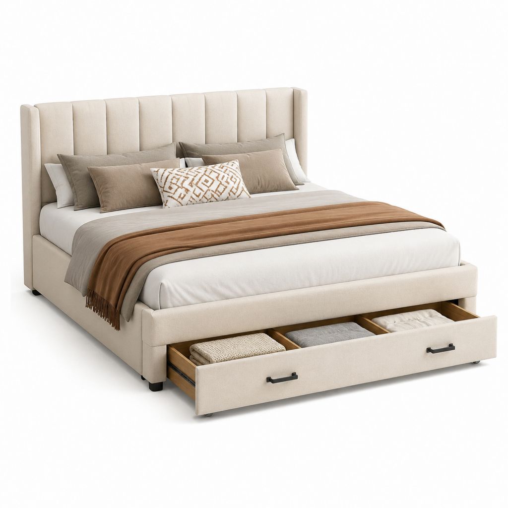 Letto contenitore matrimoniale 180 x 200 cm in poliestere beige con testiera alta e cassetto frontale, 223 x 206 x 130 cm