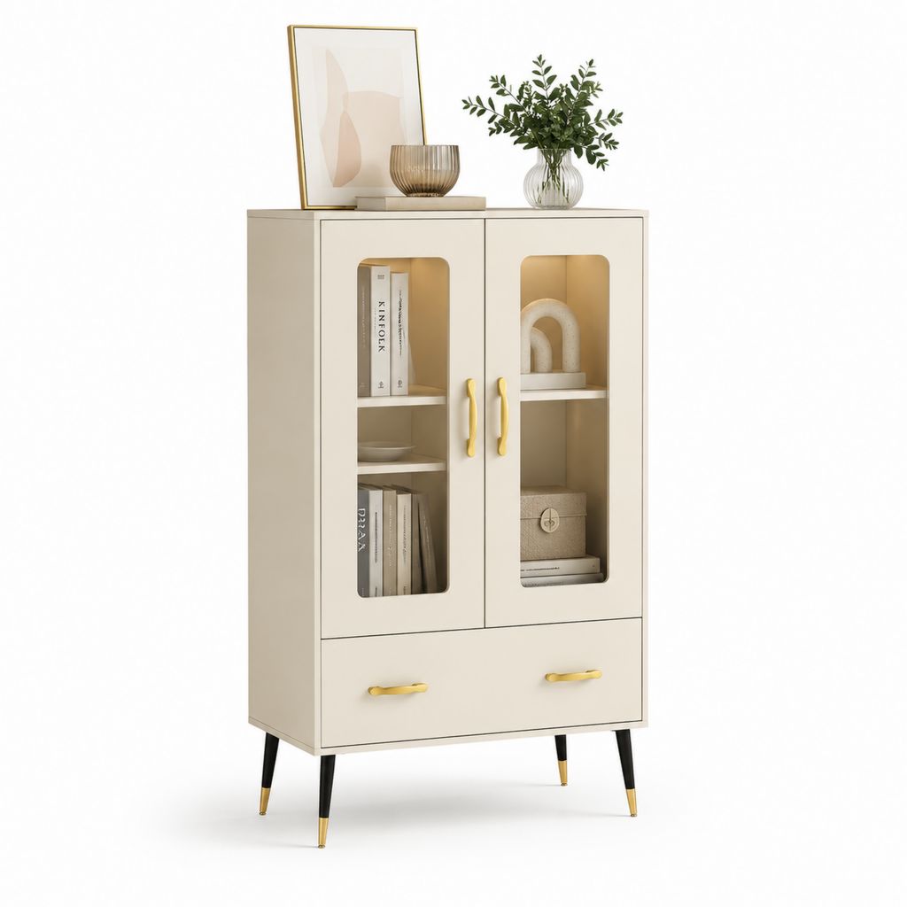 Credenza alta beige in MDF e vetro temperato con 2 ante e 1 cassetto, 80 ¡Á 40 ¡Á 130 cm