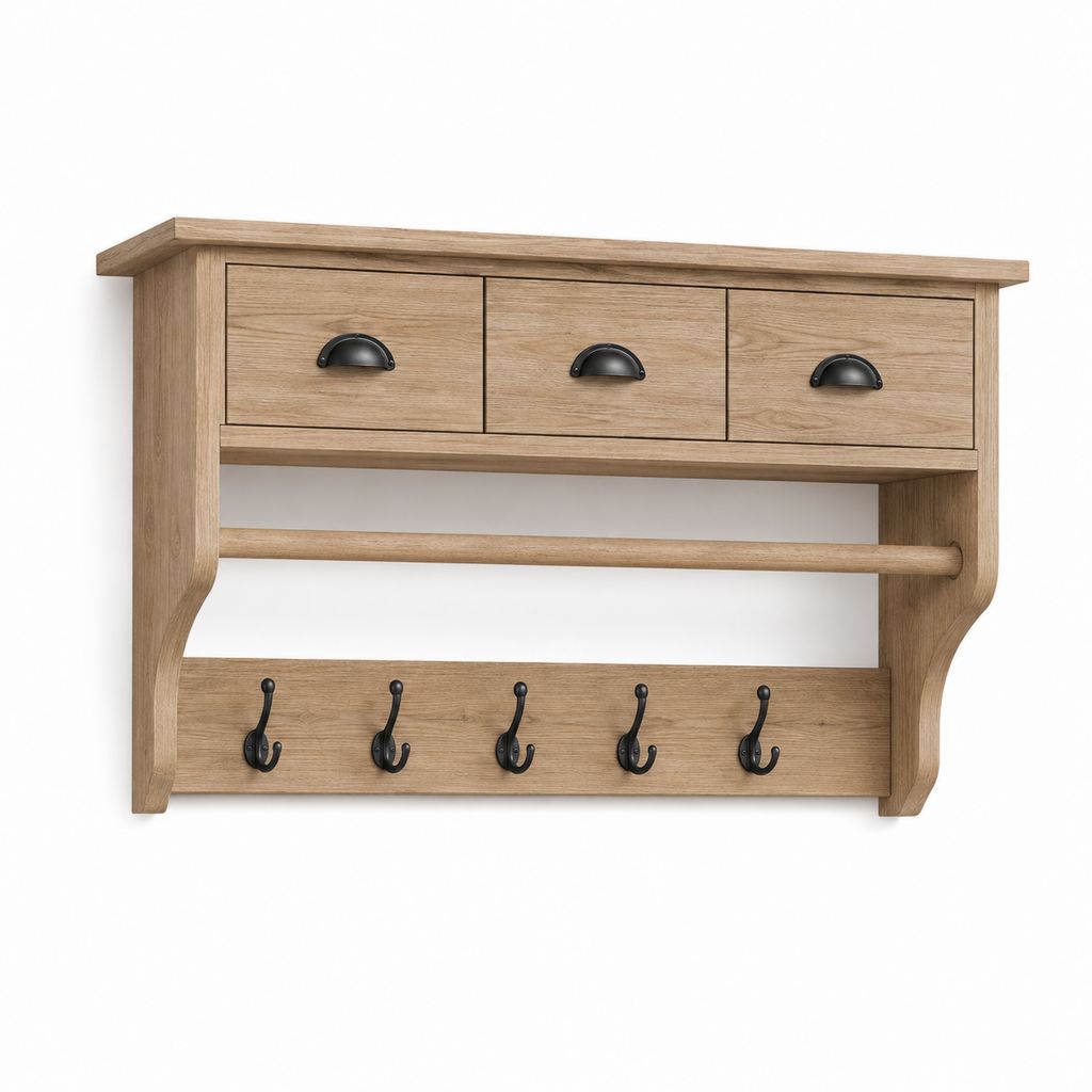 Appendiabiti da parete in legno con 5 ganci doppi, 3 cassetti, asta e ripiano, rovere naturale e nero, 100 x 25 x 80 cm