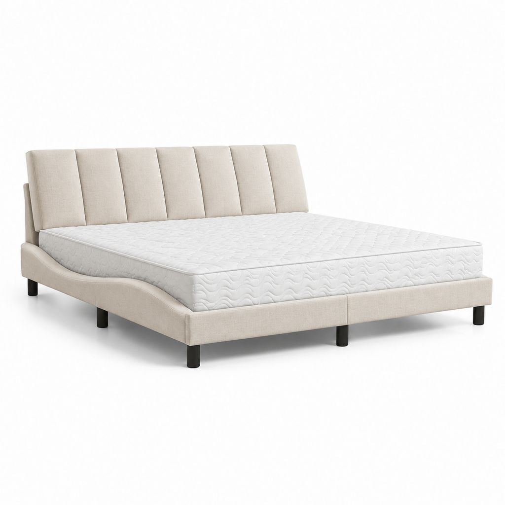 Letto matrimoniale imbottito beige con piedini neri, superficie 180 x 200 cm, dimensioni 194 x 220 x 105 cm