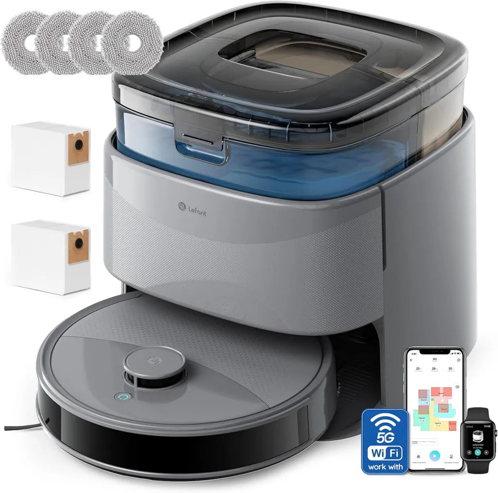 Lefant M3 Robot Lavapavimenti e Aspirapolvere, Aspirazione Potente 12000Pa, Mop Rotanti, Tecnologia Laser dToF, Sensori Avanzati, Pulizia a 45°C, Serbatoio Autosvuotante 3,2L, Compatibile con WiFi e Alexa, Grigio