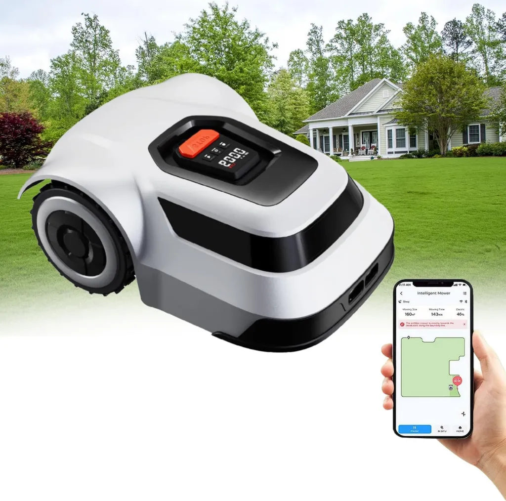 Robot tagliaerba automatico con controllo app, copertura fino a 1000 m², pendenze fino al 45%, mappatura e ricarica autonoma, impermeabile
