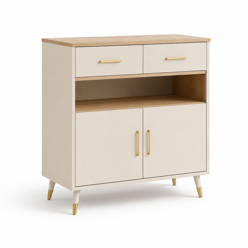 Credenza buffet rettangolare in legno MDF e truciolare melaminico con 2 ante, 2 cassetti e vano aperto, avorio, rovere naturale e oro, 90 ¡Á 40 ¡Á 105 cm