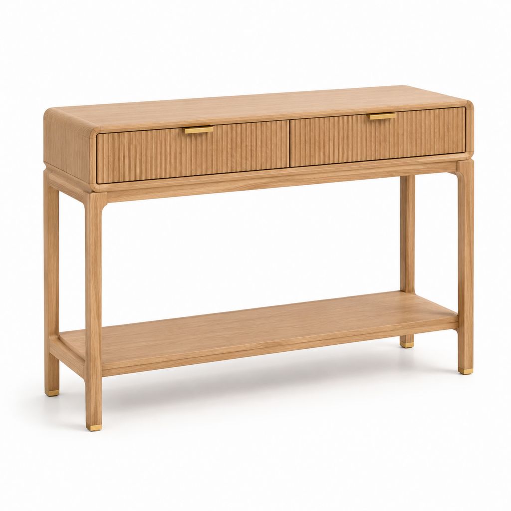 Consolle rettangolare con 2 cassetti e ripiano in rovere massello e MDF impiallacciato, rovere naturale e oro satinato, 120 x 35 x 80 cm