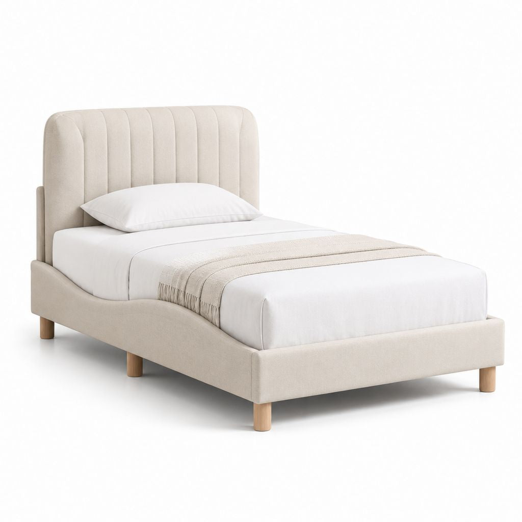 Letto singolo imbottito in tessuto beige con testiera scanalata e rete a doghe, 90 x 200 cm