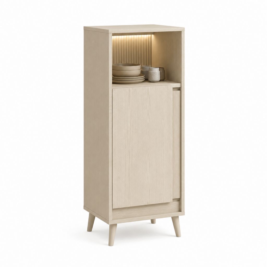 Credenza alta rettangolare in legno effetto rovere chiaro con anta, vano aperto e illuminazione LED, 50 ¡Á 40 ¡Á 150 cm