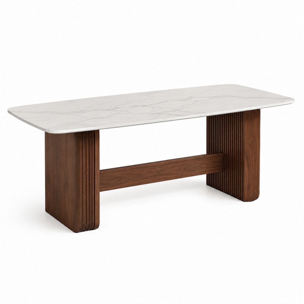 Tavolo da pranzo rettangolare 180 x 90 x 76 cm con piano in ceramica sinterizzata bianca e base impiallacciata noce marrone