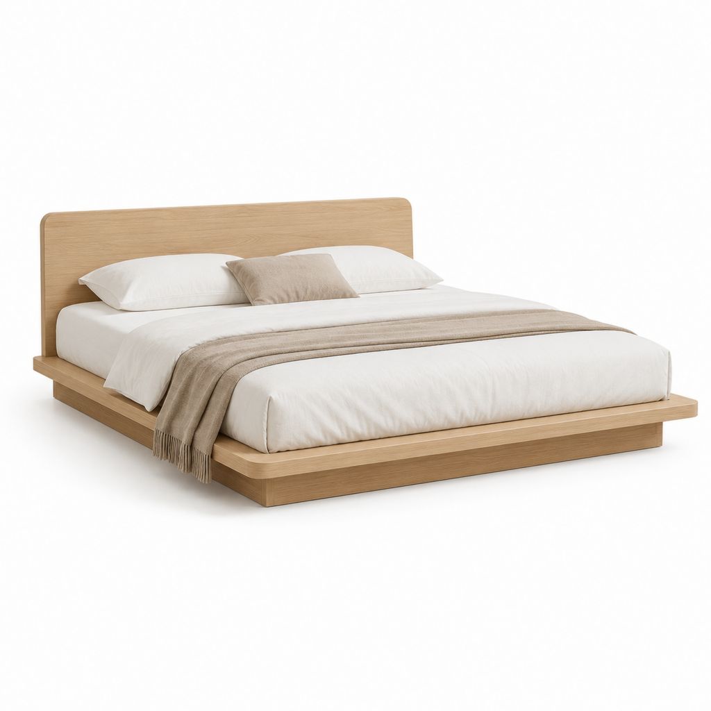 Letto matrimoniale a piattaforma 160 ¡Á 200 cm in MDF impiallacciato rovere naturale con testiera e rete a doghe