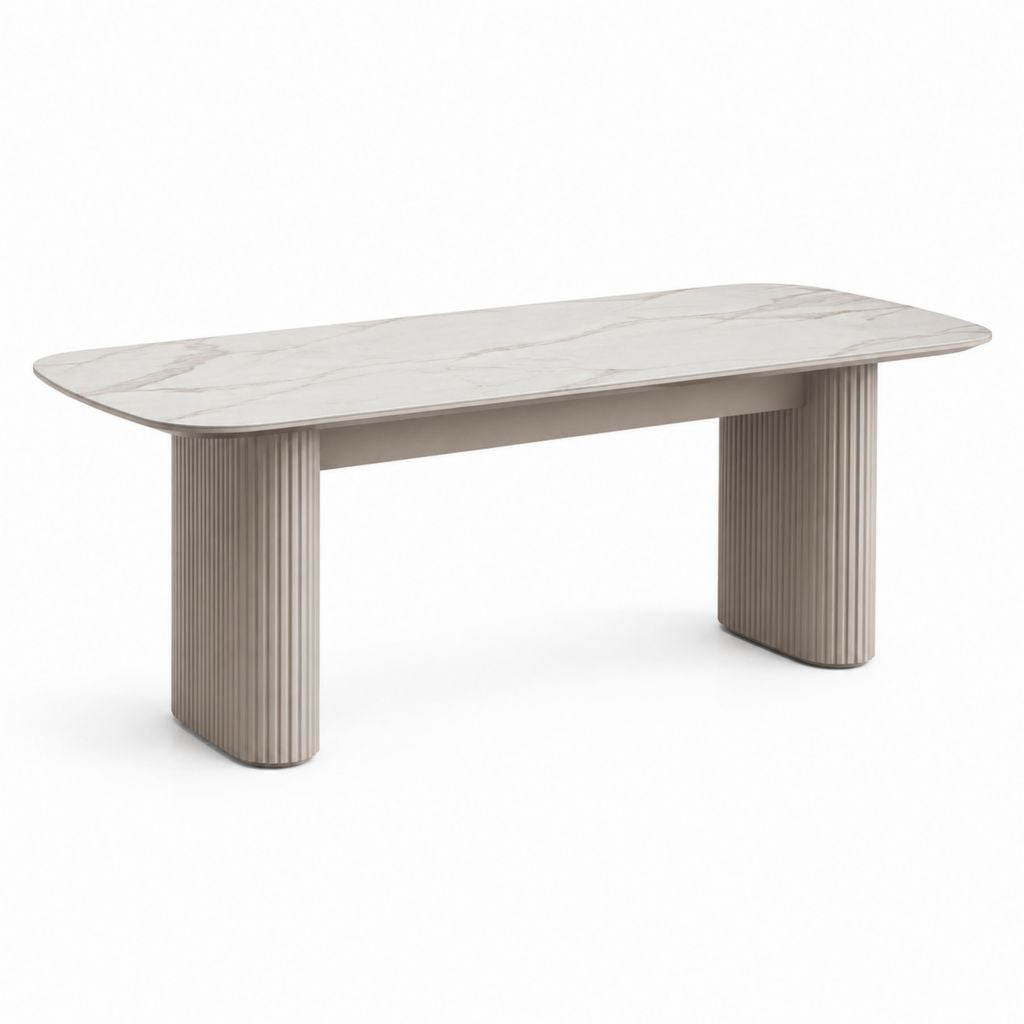 Tavolo da pranzo rettangolare bianco e tortora 180 x 90 x 75 cm con piano effetto marmo e gambe scanalate