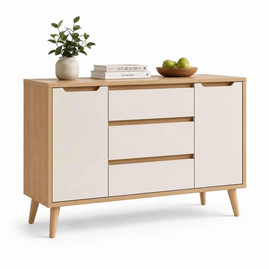 Credenza rettangolare in truciolare melaminico con 2 ante e 3 cassetti, rovere e bianco opaco, 120 ¡Á 40 ¡Á 85 cm