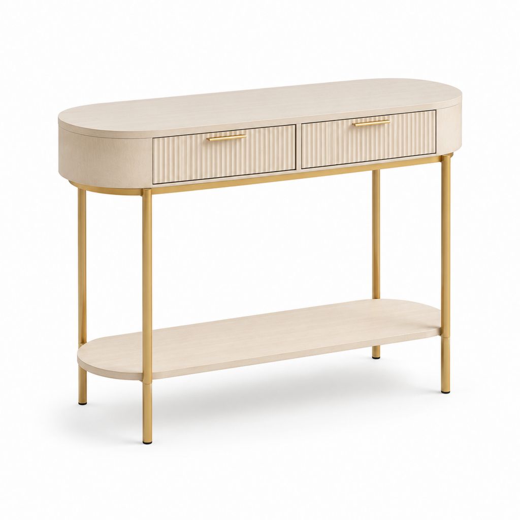 Consolle da ingresso beige e oro con 2 cassetti e ripiano, in MDF e acciaio, 120 ¡Á 35 ¡Á 80 cm