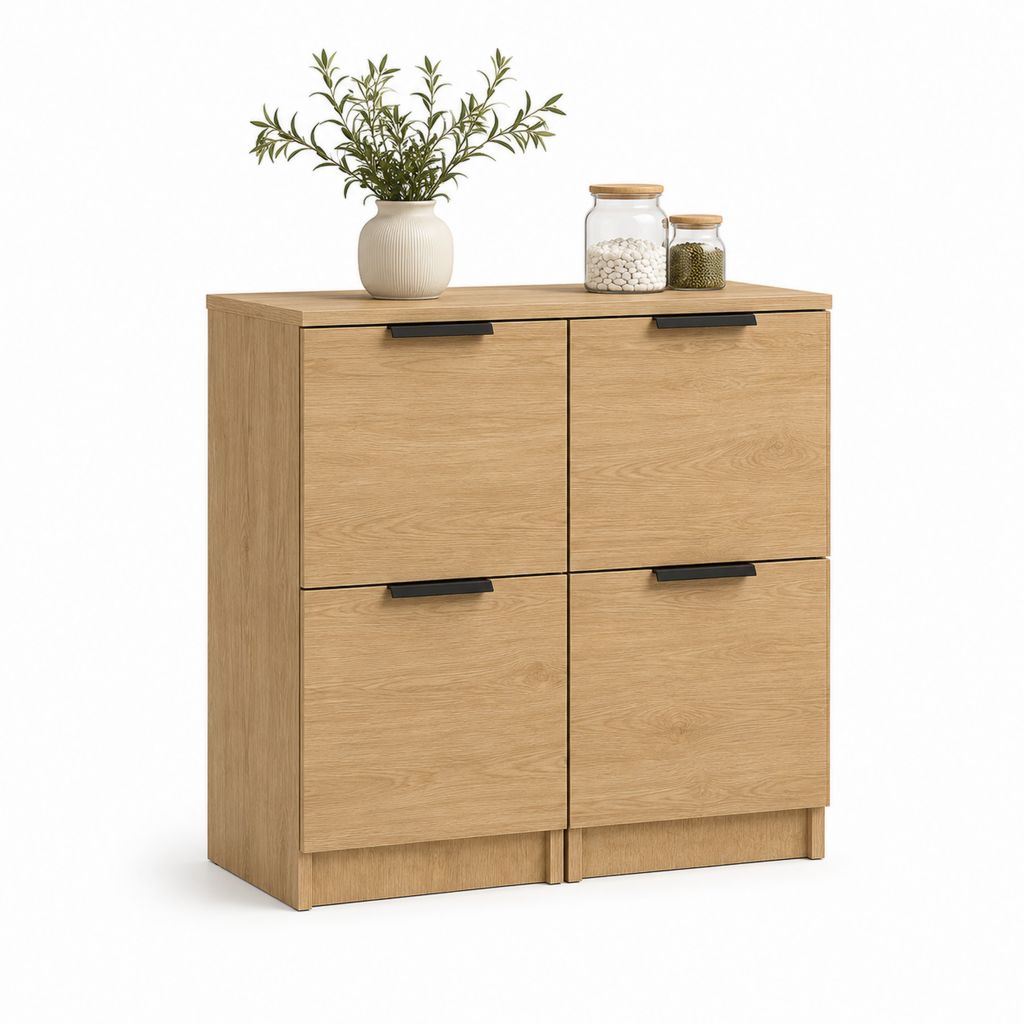 Credenza alta rettangolare a 4 ante in legno e metallo, rovere naturale e nero, 100 x 35 x 110 cm