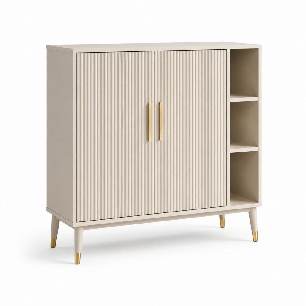 Credenza alta rettangolare a 2 ante in MDF e truciolare con 3 vani aperti, beige e ottone, 110 x 40 x 105 cm