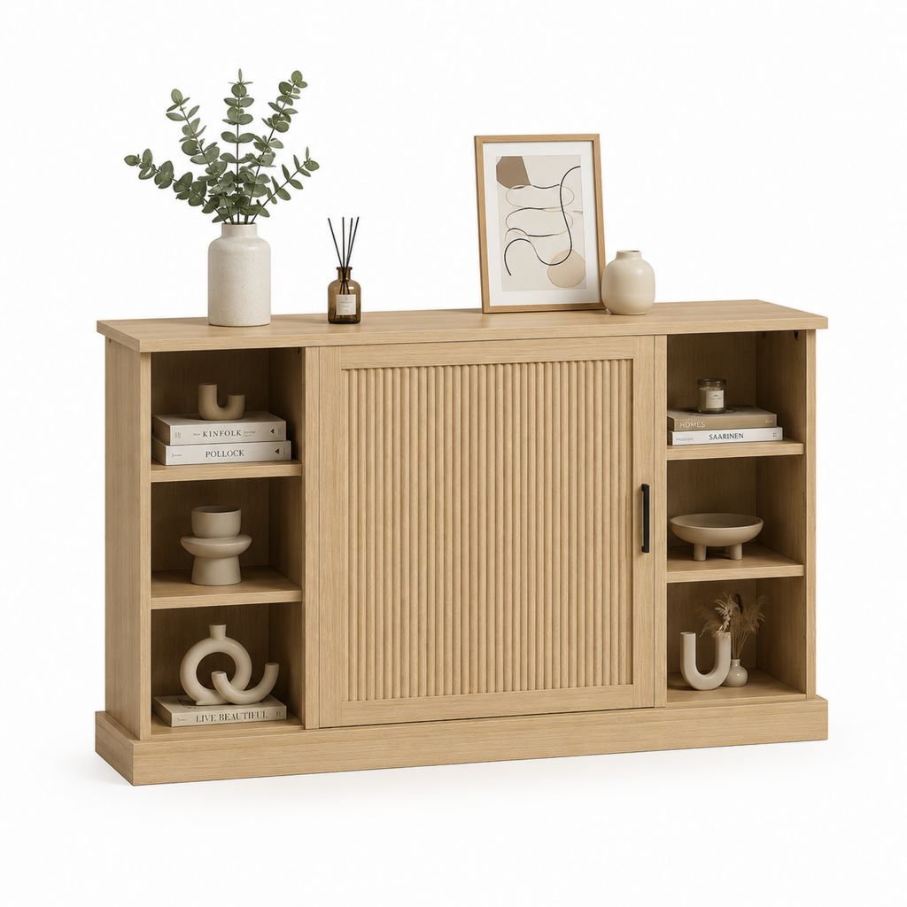 Credenza rettangolare in legno con anta scorrevole scanalata e 6 vani, rovere naturale e nero, 160 x 40 x 100 cm