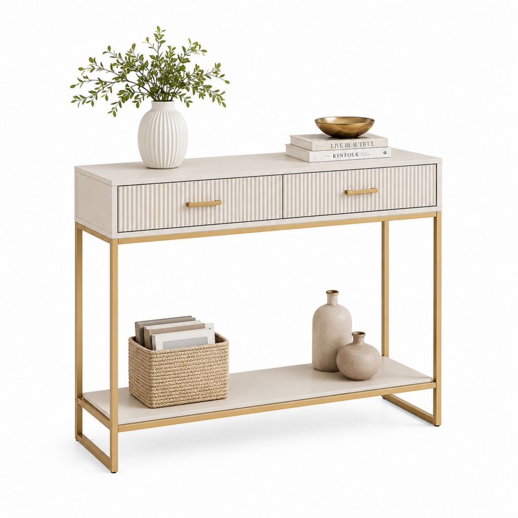 Consolle rettangolare in MDF e acciaio con 2 cassetti e ripiano, avorio e oro, 100 x 30 x 80 cm