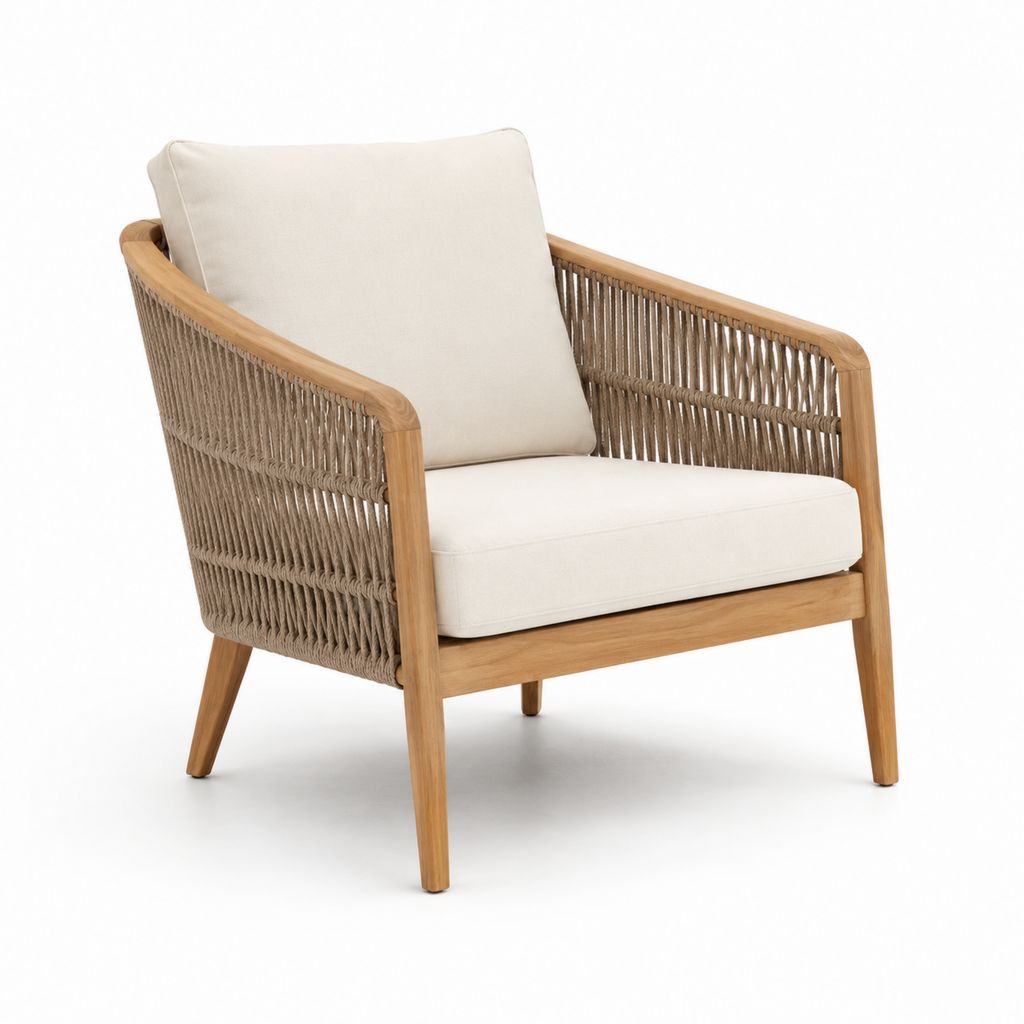 Poltrona da giardino con braccioli in legno massello di acacia e corda beige, cuscini color crema, 74 x 78 x 82 cm