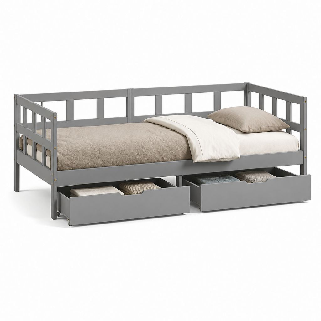 Letto singolo tipo divano in pino massello grigio con rete 90 x 200 cm e 2 cassetti, dimensioni 206 x 96 x 66 cm