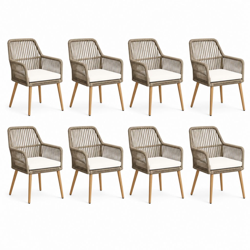 Set di 8 sedie da giardino con braccioli in corda PE e acciaio, cuscini beige, 57 x 61 x 84 cm