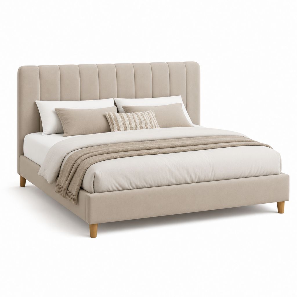Letto matrimoniale imbottito in tessuto beige con testiera a pannelli verticali e rete a doghe, per materasso 160 ¡Á 200 cm, 176 ¡Á 216 ¡Á 120 cm