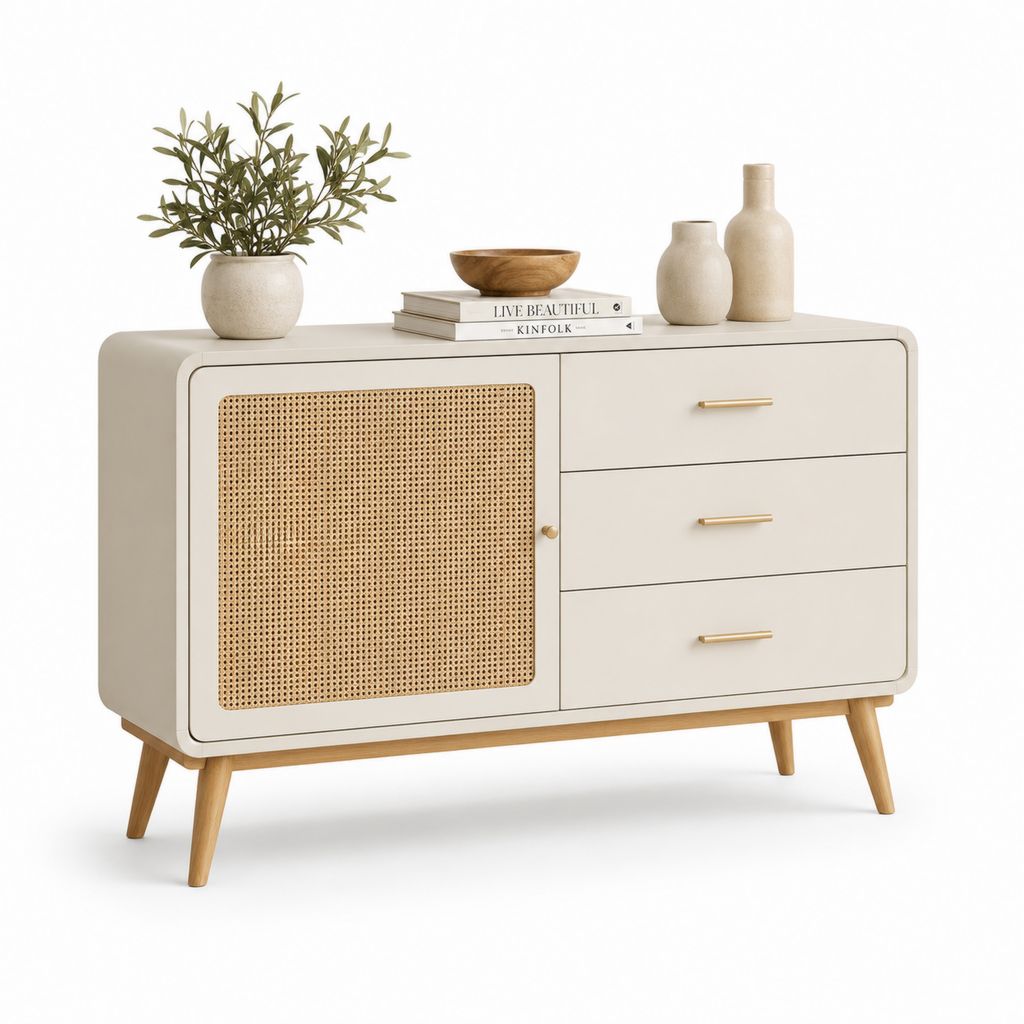 Credenza rettangolare in MDF beige con anta in rattan e 3 cassetti, 120 x 40 x 80 cm