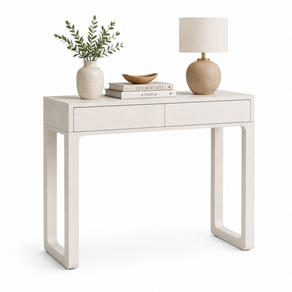 Consolle rettangolare in MDF impiallacciato con 2 cassetti, bianco avorio, 100 x 35 x 80 cm