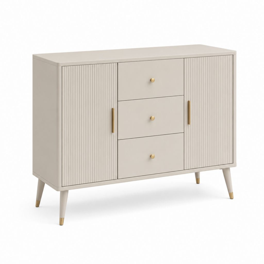 Credenza rettangolare beige e ottone in MDF e truciolato con 2 ante e 3 cassetti, 120 x 40 x 90 cm