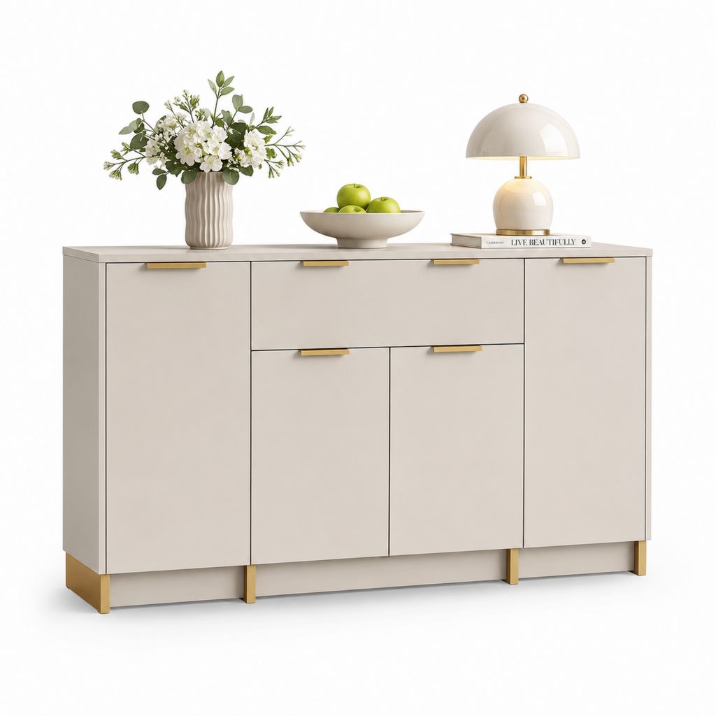 Credenza contenitore in MDF con 4 ante e 2 cassetti, beige e oro, 140 ¡Á 40 ¡Á 85 cm