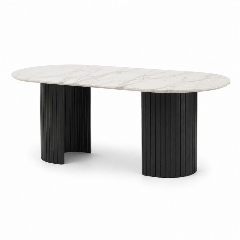 Tavolo da pranzo ovale in ceramica effetto marmo con basi scanalate nere, 180 ¡Á 90 ¡Á 75 cm