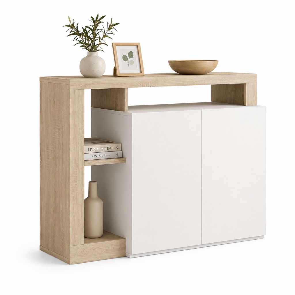 Credenza rettangolare in pannello truciolare melaminico rovere chiaro e bianco, 120 x 35 x 100 cm