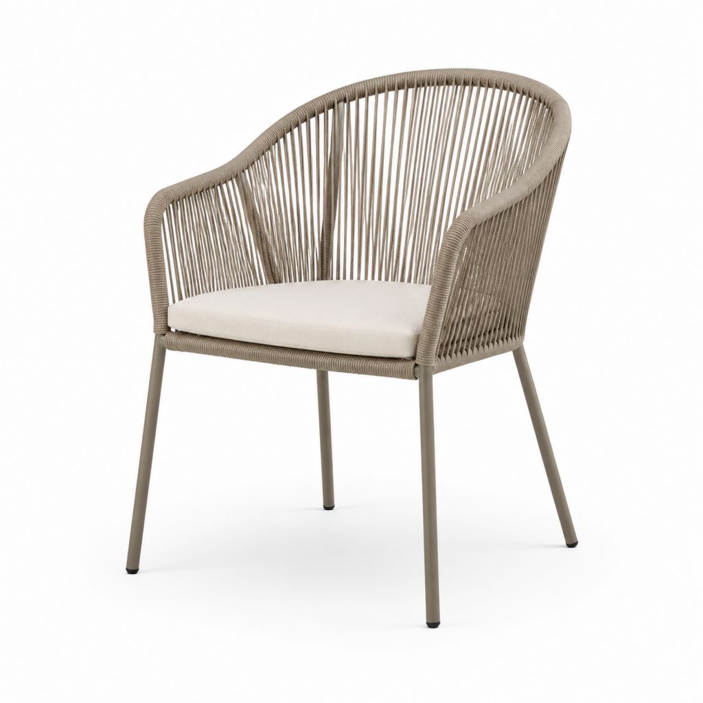 Sedia da giardino con braccioli in corda PE e acciaio tortora, cuscino beige, 59 x 62 x 82 cm