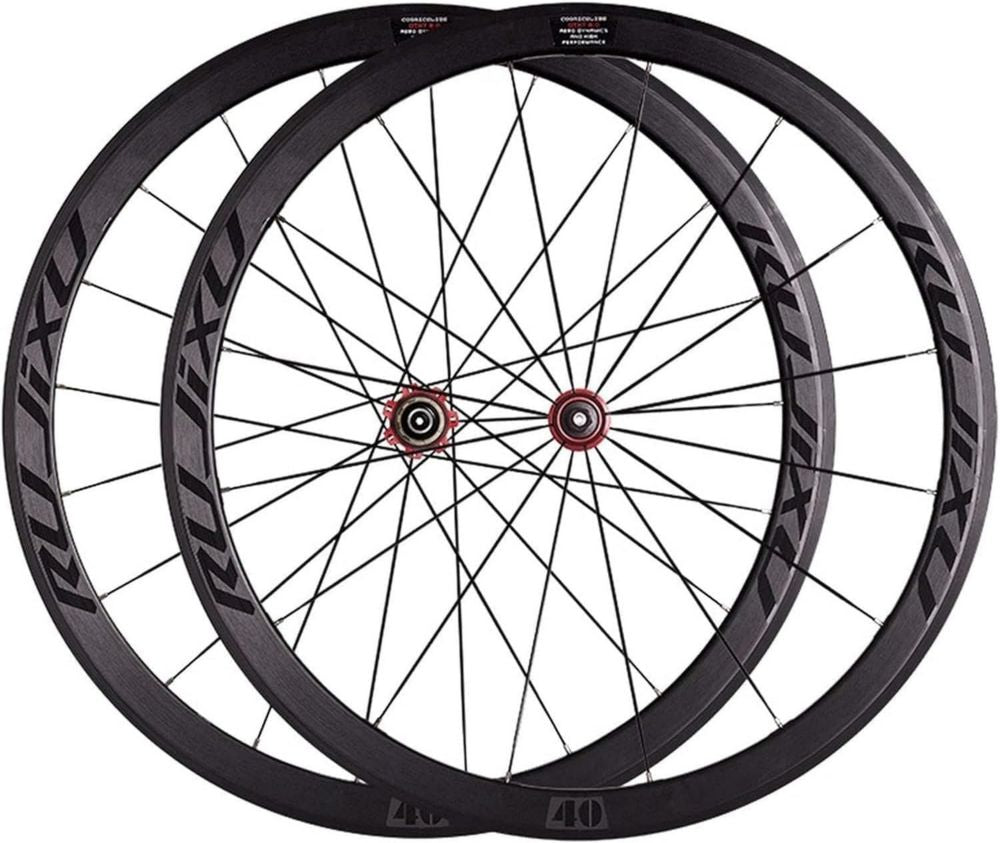 Ruote da Strada 700C, Cerchio 40mm, Freno V/C, Mozzo in Carbonio, Compatibili 7-11 Velocità, 1925g, Colore Rosso