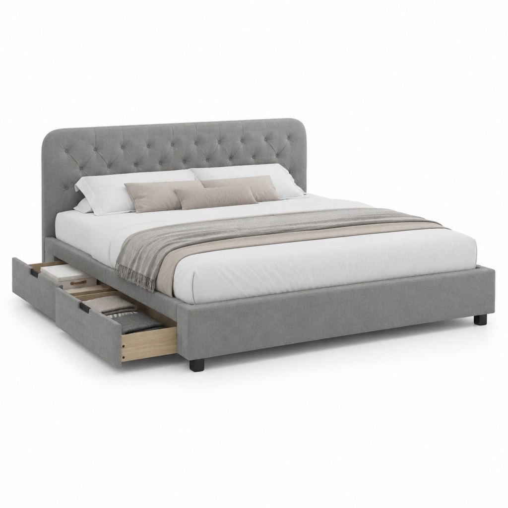 Letto matrimoniale imbottito in tessuto grigio 218 x 173 x 110 cm per materasso 160 x 200 cm con testiera capitonn¨¦ e 2 cassetti laterali