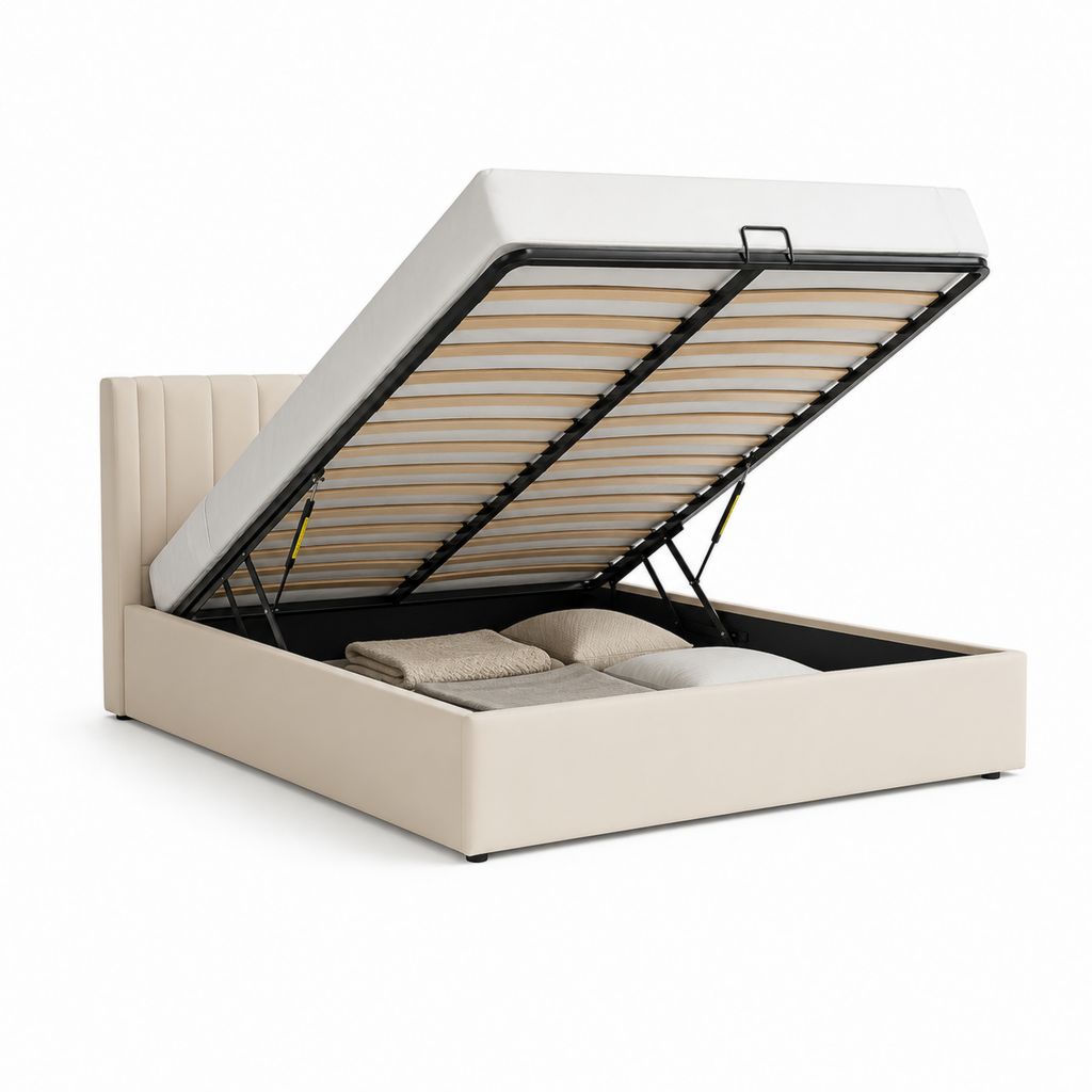 Letto matrimoniale contenitore rettangolare 160 ¡Á 200 cm in pelle sintetica PU beige con rete a doghe e sollevamento a gas