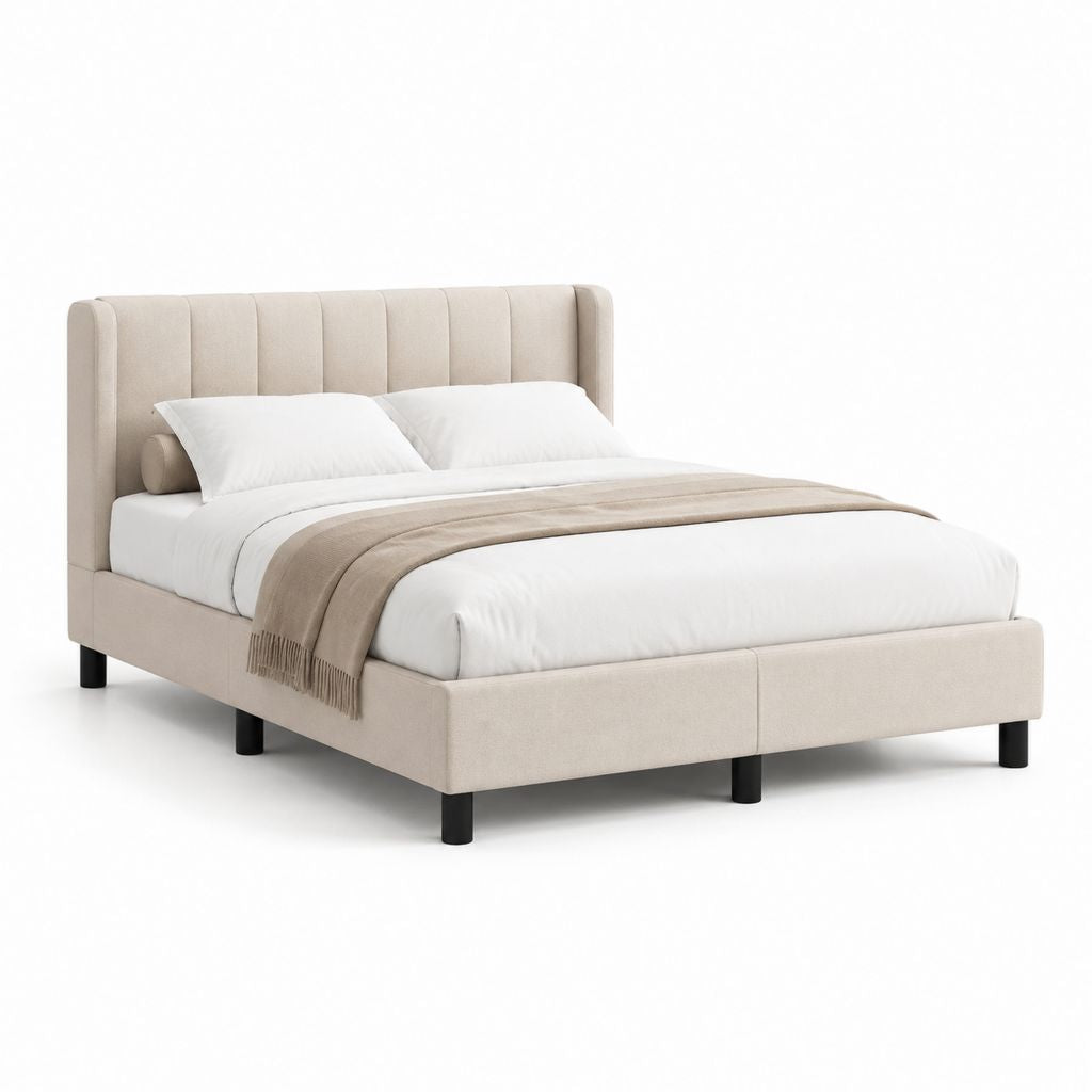Letto matrimoniale imbottito 160 ¡Á 200 cm in poliestere beige con testiera scanalata e rete a doghe