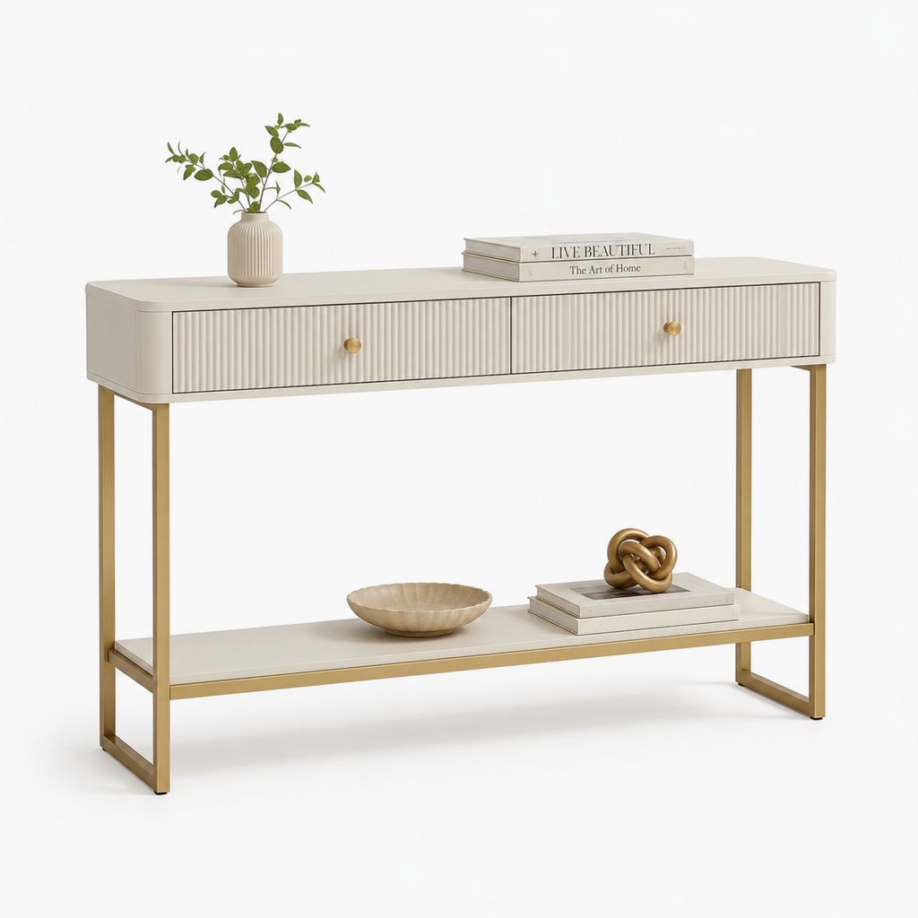 Consolle rettangolare da ingresso in MDF e acciaio con 2 cassetti e ripiano, beige chiaro e oro, 120 ¡Á 35 ¡Á 80 cm