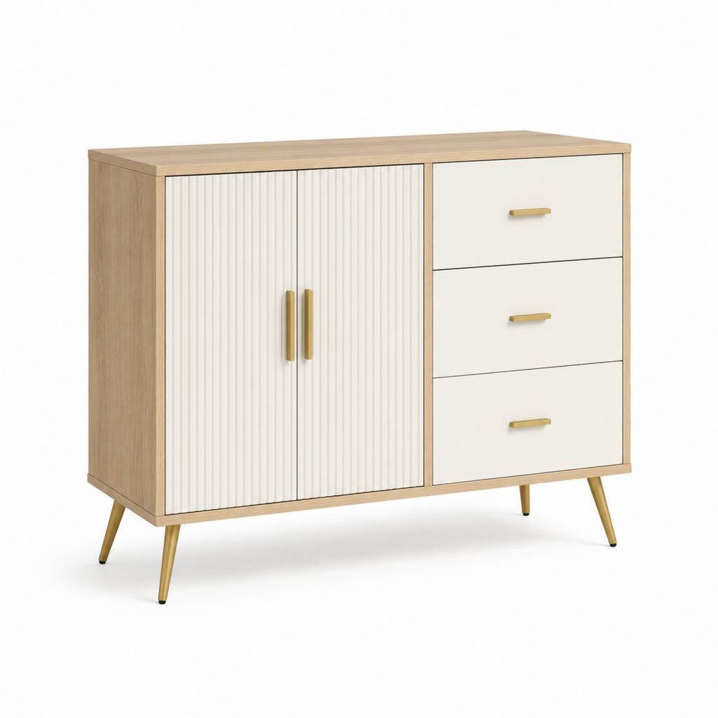 Credenza rettangolare in truciolare con 2 ante e 3 cassetti, bianco, rovere chiaro e oro, 100 ¡Á 40 ¡Á 80 cm