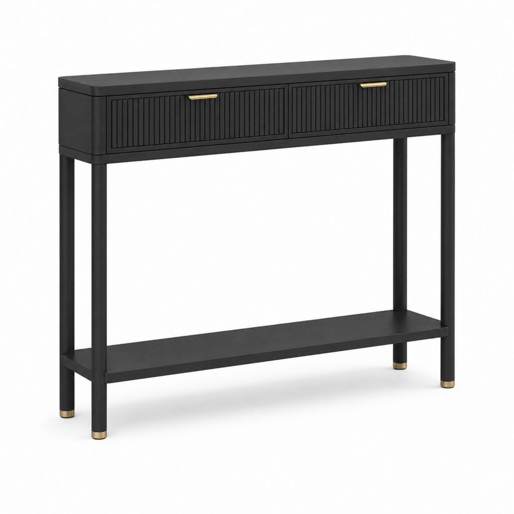 Consolle rettangolare in MDF con 2 cassetti e ripiano inferiore, nero opaco e ottone, 120 x 30 x 80 cm