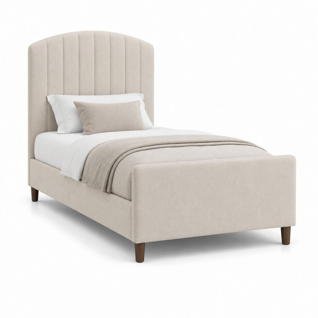 Letto singolo imbottito in tessuto beige con testiera e pediera, per materasso 90 x 200 cm, 98 x 215 x 120 cm
