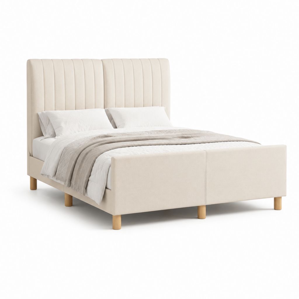 Letto matrimoniale imbottito in tessuto crema con testiera a canali verticali, 160 ¡Á 200 cm, ingombro 214 ¡Á 174 ¡Á 120 cm