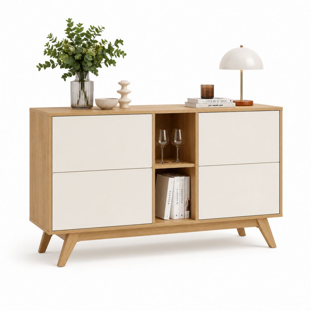 Credenza rettangolare in legno con 4 ante e 2 vani aperti, rovere naturale e avorio, 140 x 40 x 80 cm